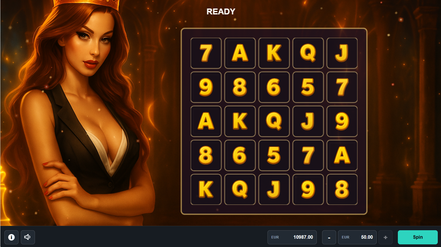 Mock Game with a fiery casino character and reel grid