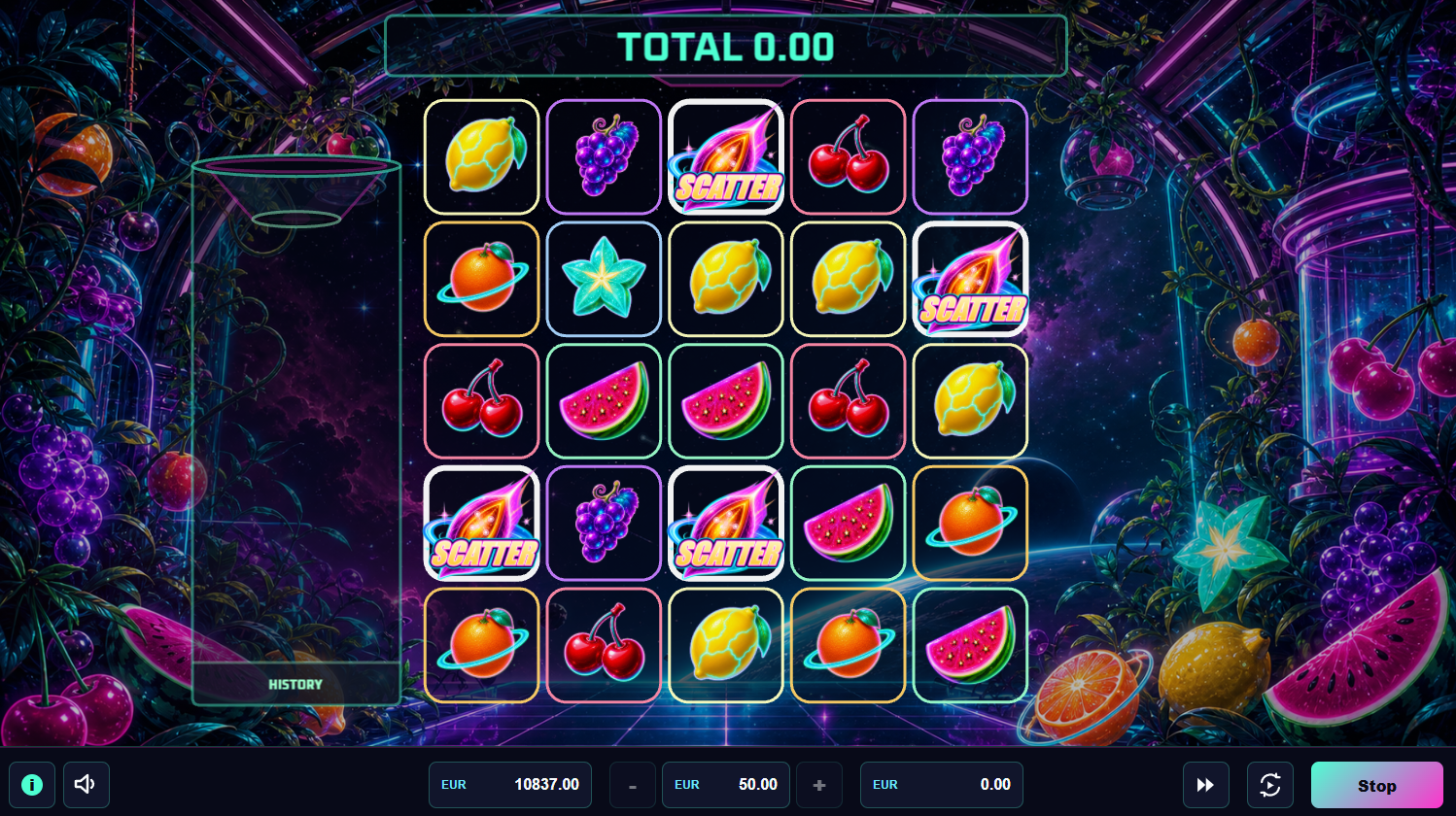 Neon Fruits game with glowing scatter symbols